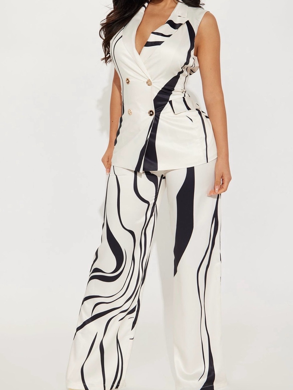 Fashion Nova White & Black Printed Wide-Leg Pants Suit